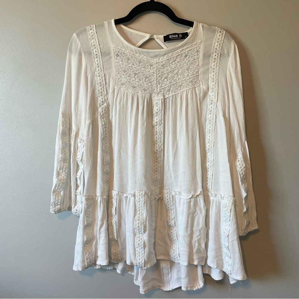 Blue B White Peasant Crepe Ruffle Lace Blouse size Medium